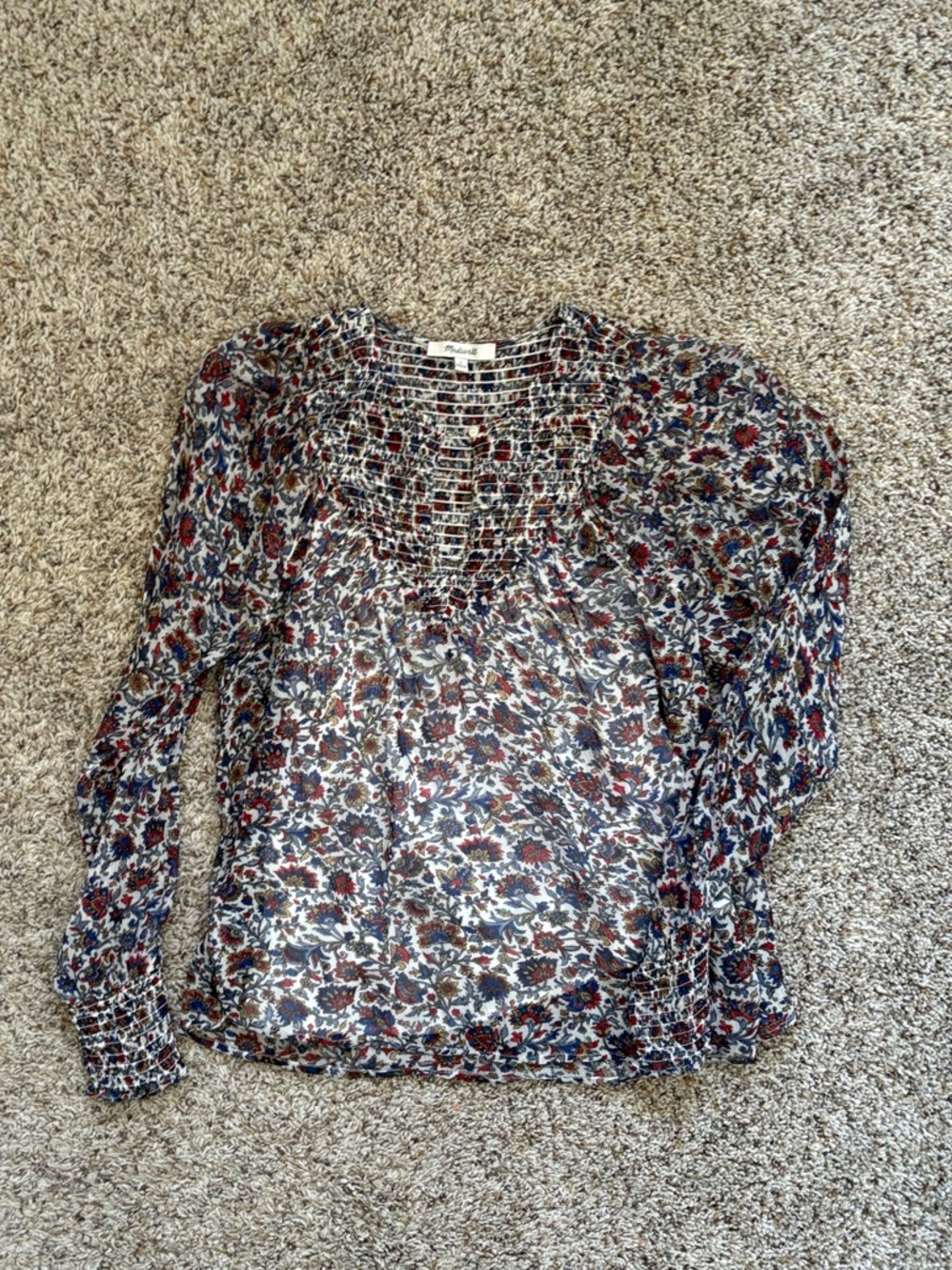 Sheer Floral Long-Sleeve Blouse - Navy & Burgundy